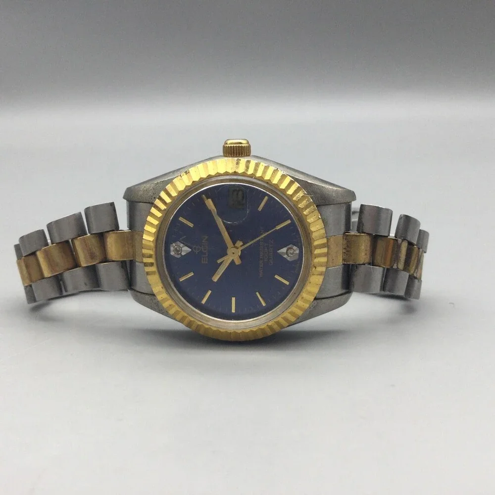 Elgin Womens Watch 25mm Blue Dial Two Tone Date Diamond Fluted New Battery 7